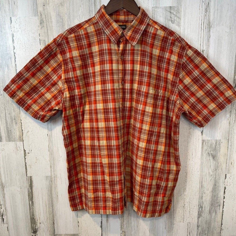 St. John's Bay Men's Plaid Button Up Shirt Orange Check 100% Cotton Size L‎